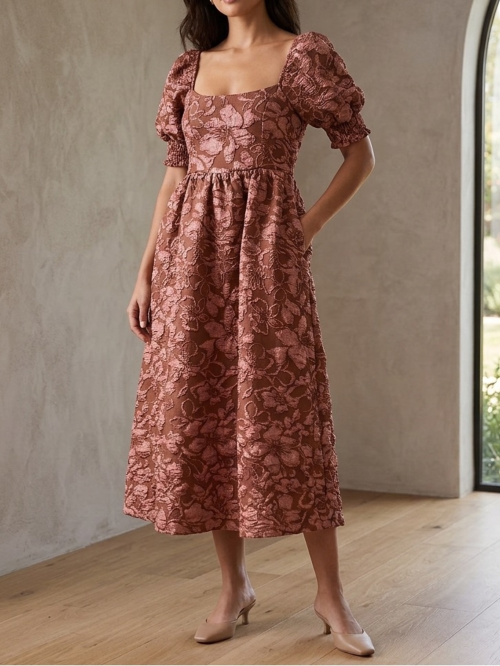 Square Neck Puff Sleeve Midi Dress in Dusty Rose